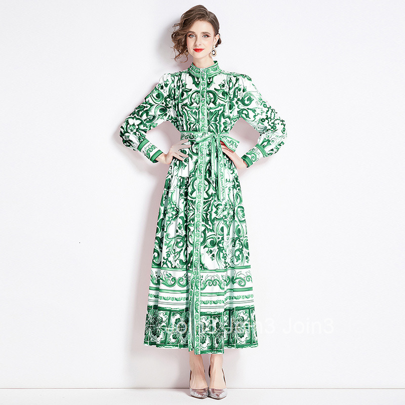 8740 Spring and Autumn New Womens Fashion Style Stand up Collar Single breasted Blue and White Porcelain Printed Long Dress