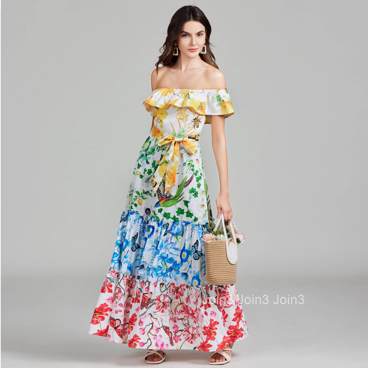 041 Summer New Womens Sexy Open Shoulder Lotus Leaf Edge One Shoulder Printed Large Swing Skirt Dress (Paired with)