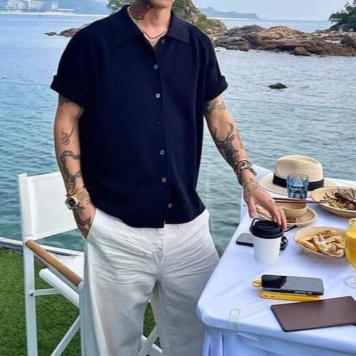 Old Money Style Turn-Down Collar Short Knitted Cardigan Men's Summer Thin Ice Silk High-End Casual Half Sleeve Shirt Jacket