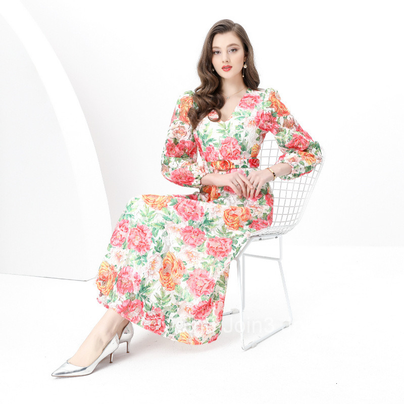 8878 Early Spring New Womens Fashion Elegant V-neck Lantern Sleeve Slim Long Dress Printed Dress