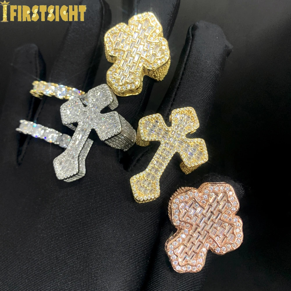 Bling Cross Ring Iced Out Zircon Prong Setting Gold Color Fashion Finger Men Hip Hop Jewelry 250717