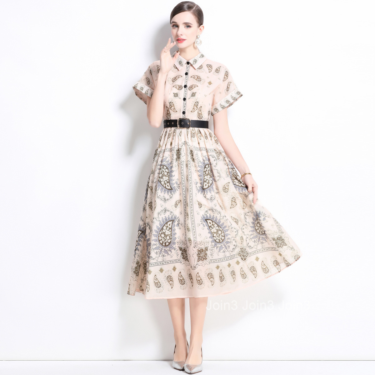 1685 Spring/Summer New Womens Style Printed Collar Short sleeved Long Skirt Dress (with Belt)