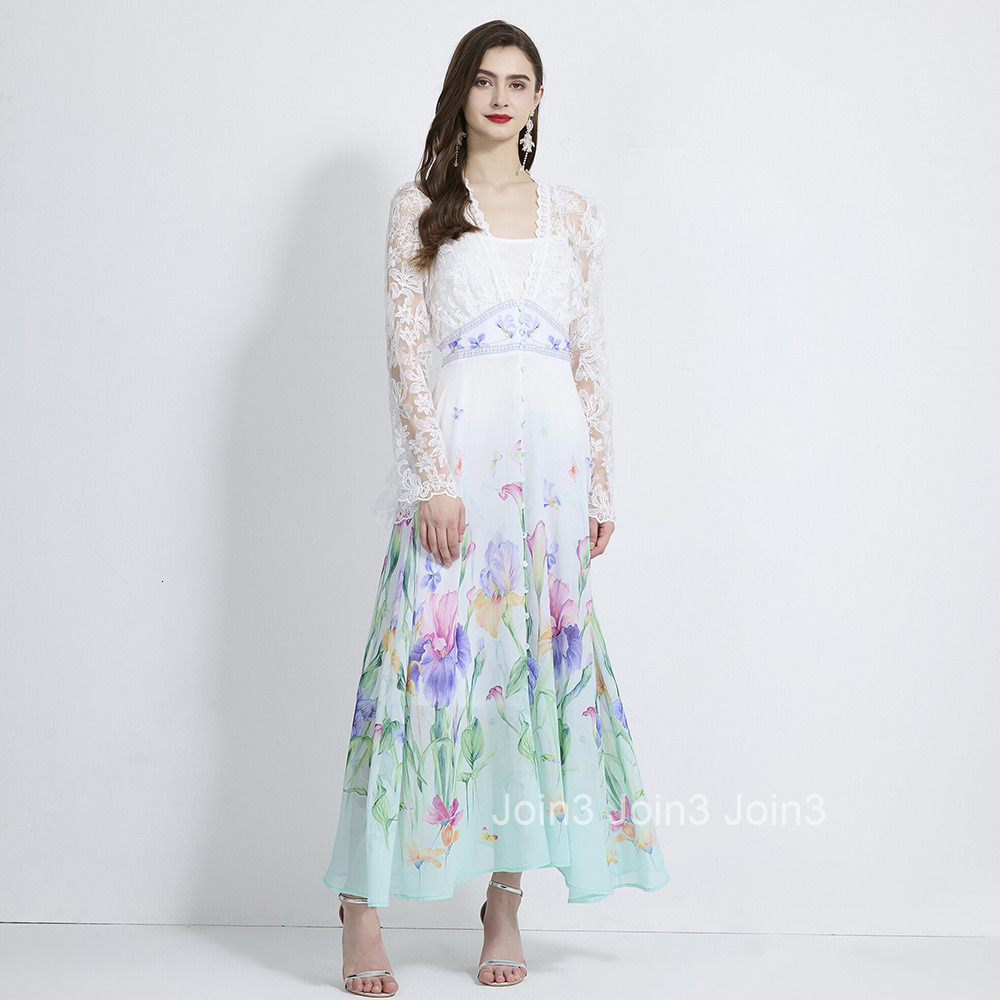 2105 Autumn New Womens Vacation Style V-Neck Flared Sleeve Lace Patchwork Printed Dress Two-Piece Set