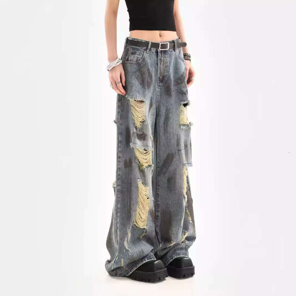 Vintage Style Distressed Jeans for Women 2024 Summer New American Loose Fit Draped Wide Leg Pants Trend