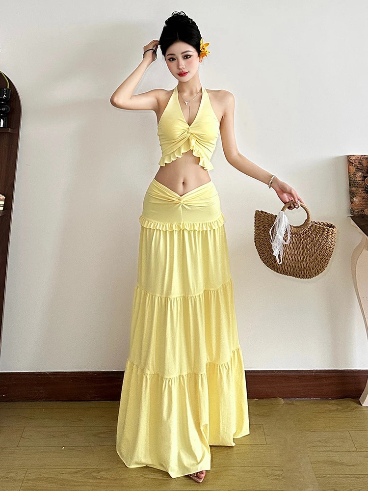 Cute Pleated Matching Women 2 Piece Solid Sexy Ruffle Halter V-neck Crop TanksCross High Waist Skirts Female Vacation SETS 250714