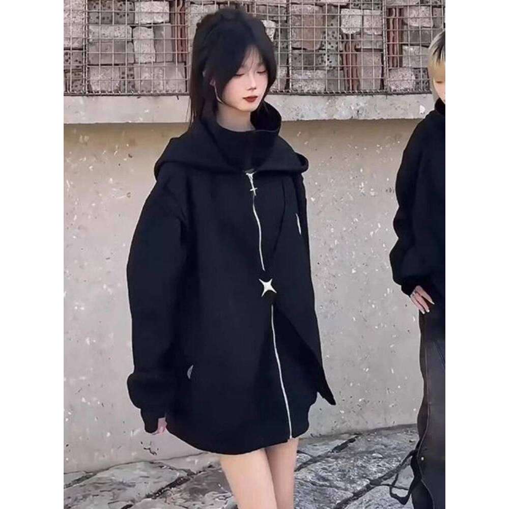 Fake Two Pieces Vintage Loose Zipper Sweatshirts Women Casual Streetwear Grunge Coats Y2k Aesthetic Oversized Stand Neck Hoodies