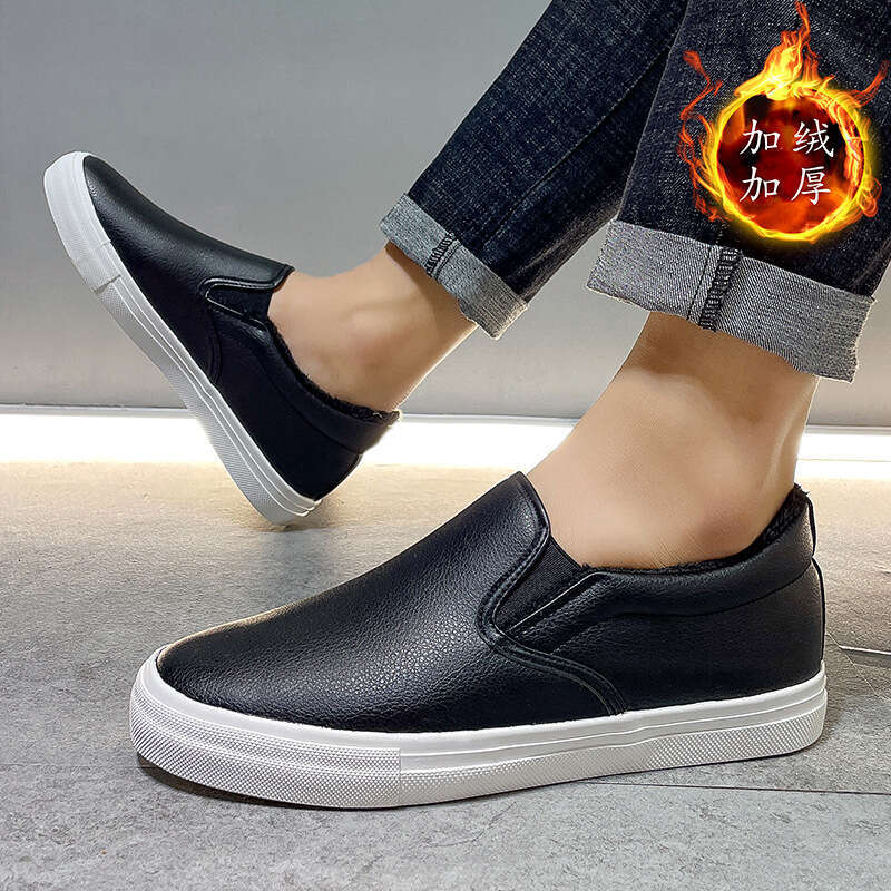 Slip-On Autumn Winter Style Lazy Leather Casual Men's Sneakers Double Cotton White Shoes Warm