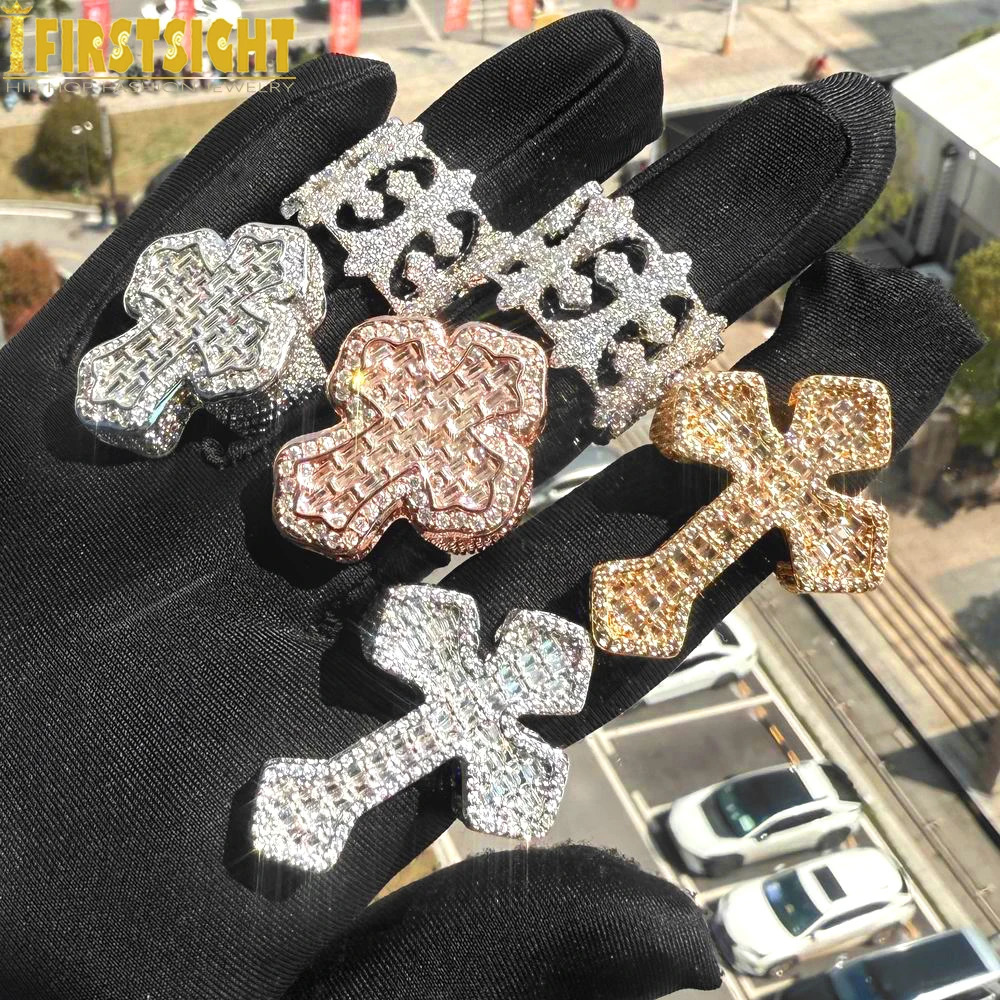 Bling Cross Ring Iced Out Zircon Prong Setting Gold Color Fashion Finger Men Hip Hop Jewelry 250717