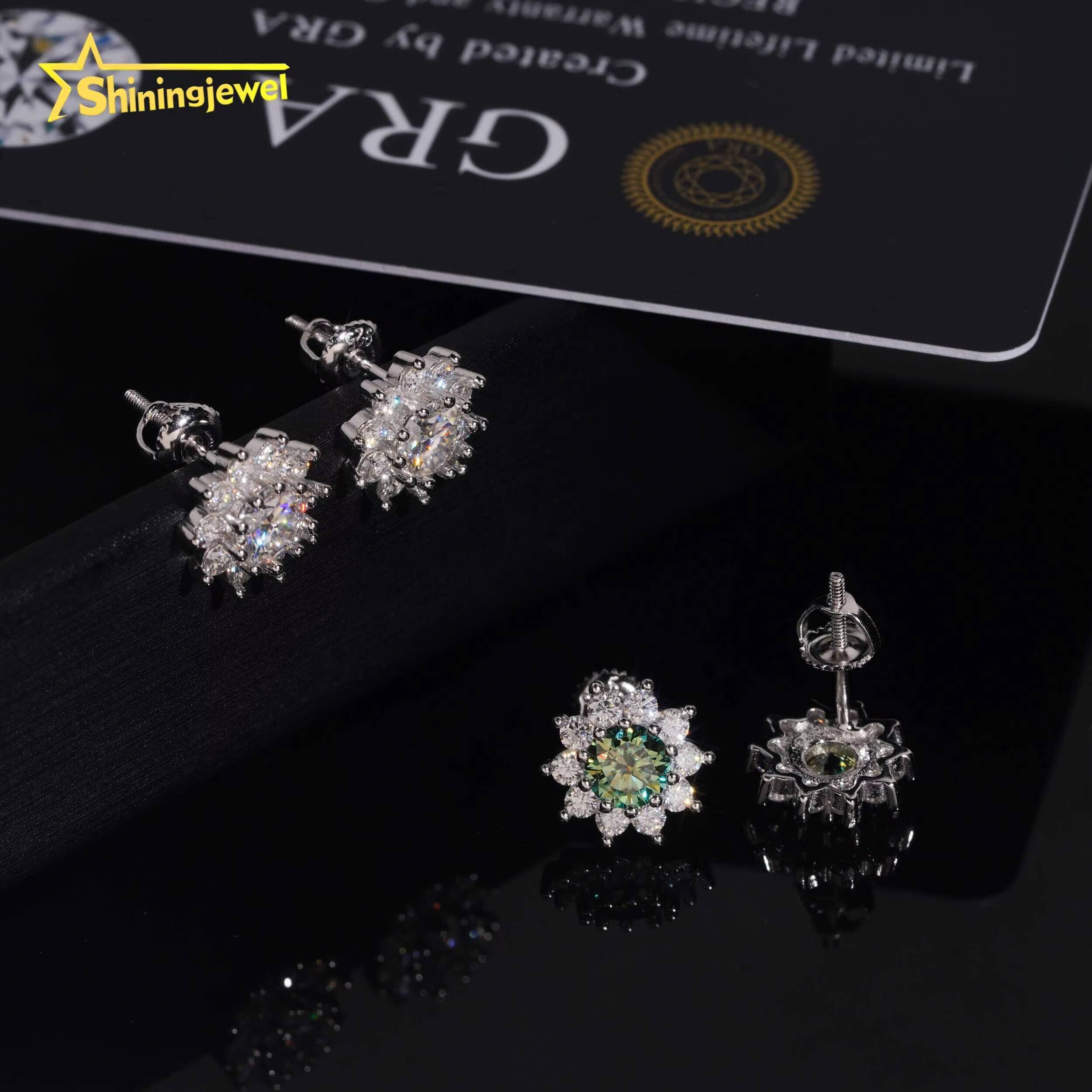 GRA Certificated Hip Hop 925 Sterling Silver Cluster Earrings Fine Jewelry D VVS Flower Moissanite Stud Earrings