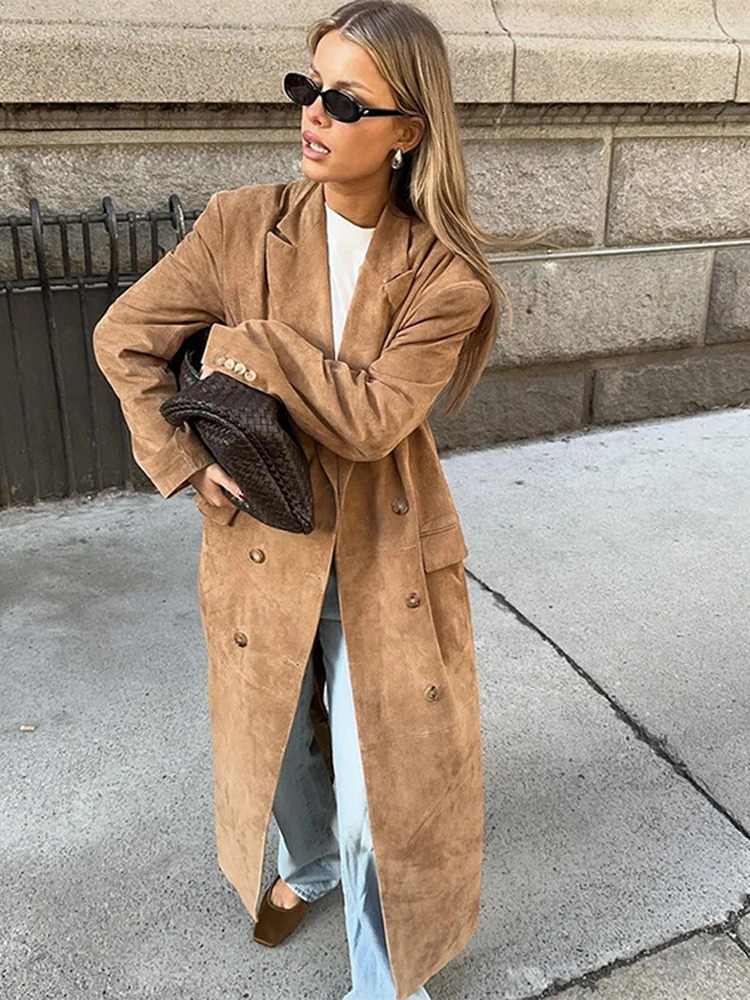 Elegant Suede Leather Women Long Windbreaker Coats Chic Lapel Double Breasted Lady Oversized Jackets Autumn Street Outwears 250716