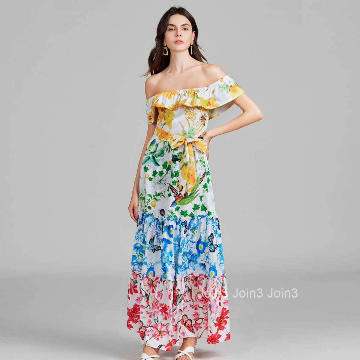 041 Summer New Womens Sexy Open Shoulder Lotus Leaf Edge One Shoulder Printed Large Swing Skirt Dress (Paired with)