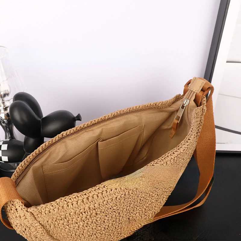 Simple Paper Rope Womens Shoulder Bags Summer Fashion Straw Semicircle Crossbody Bag Casual Beach Woven Handbags Underarm Bag Y250719