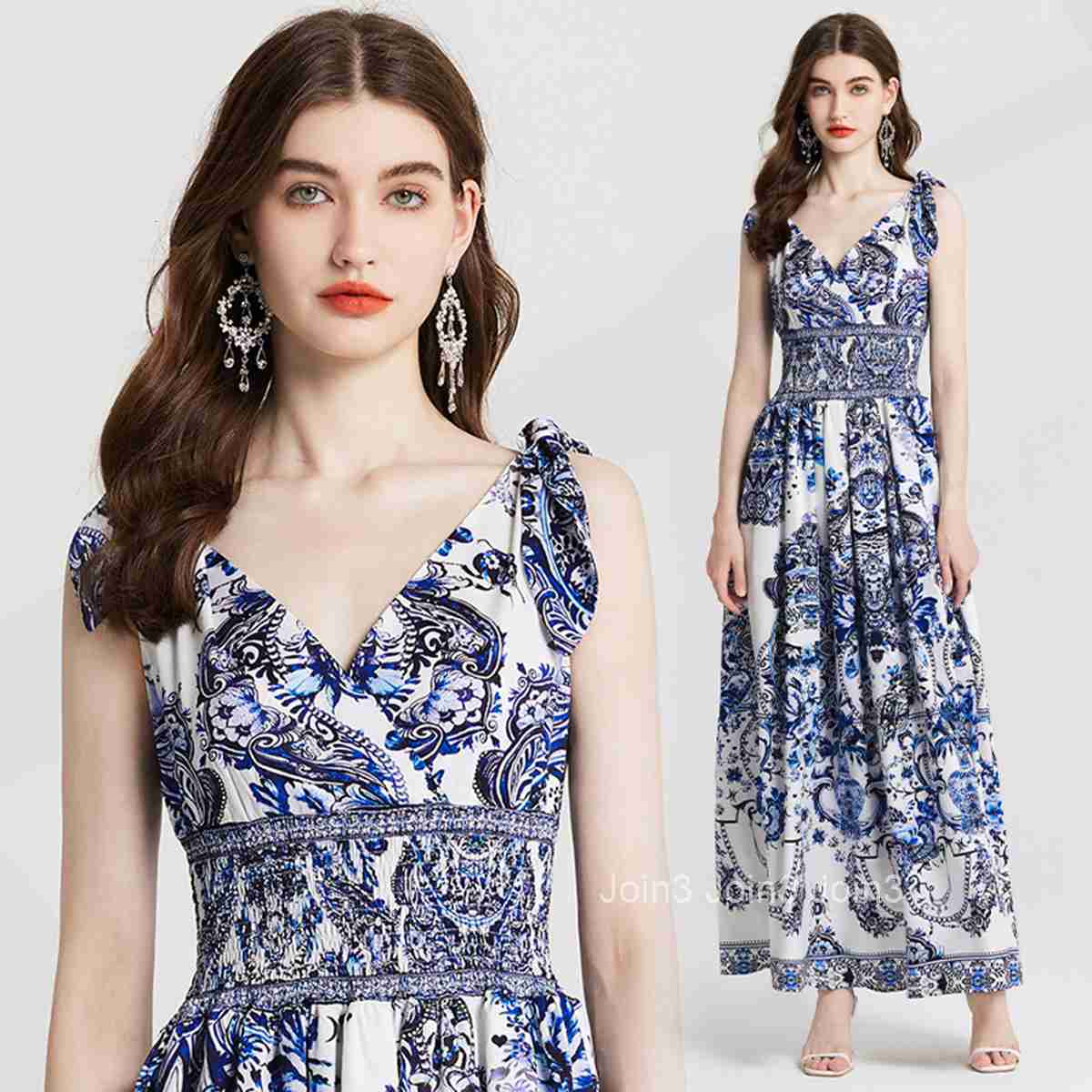 729 Summer New Womens Sexy V-neck Printed Elastic Waist Dress with Bow Tie Skirt