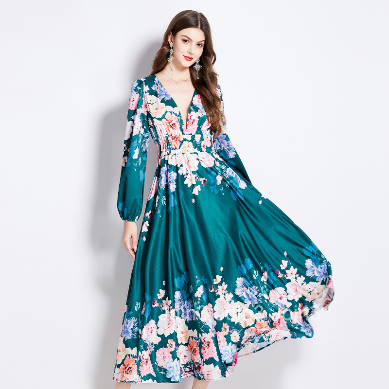 2526 Spring and Autumn New Womens Clothing Elegance Style Dress Elegant V-neck Waist-cinching Slimming Flared Dress