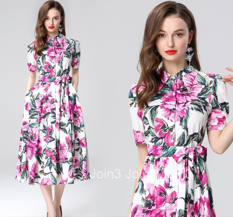 6838 Summer New Womens Clothing Style Collar Short Sleeve Waist for slimming Printed Long Dress