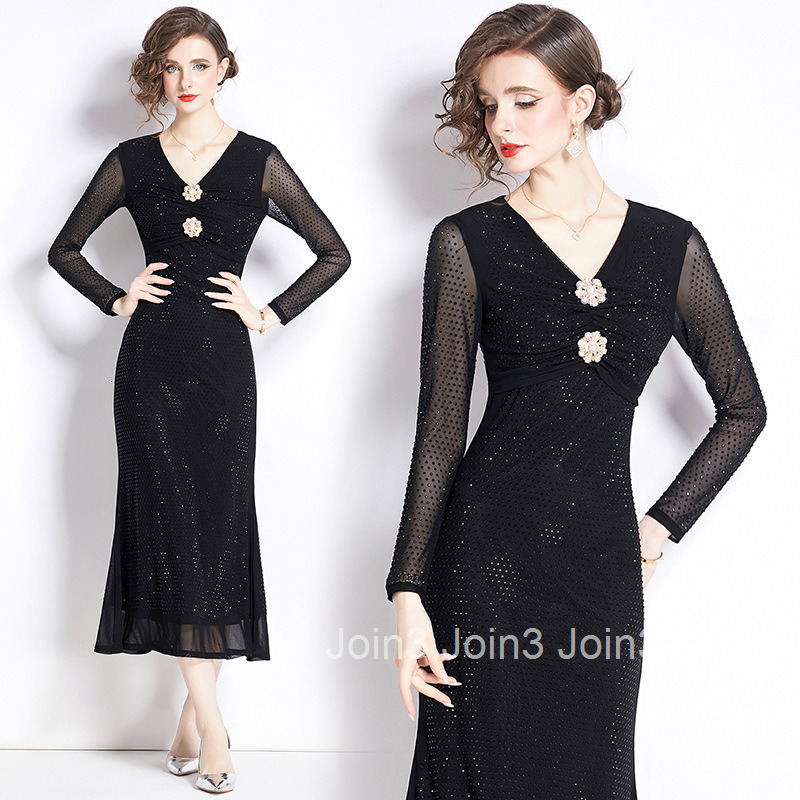 6002 New Style Rhinestone Mesh Elegant Three-Dimensional Flower V-Neck Waist-Cinching Slimming Elegant Long Dress
