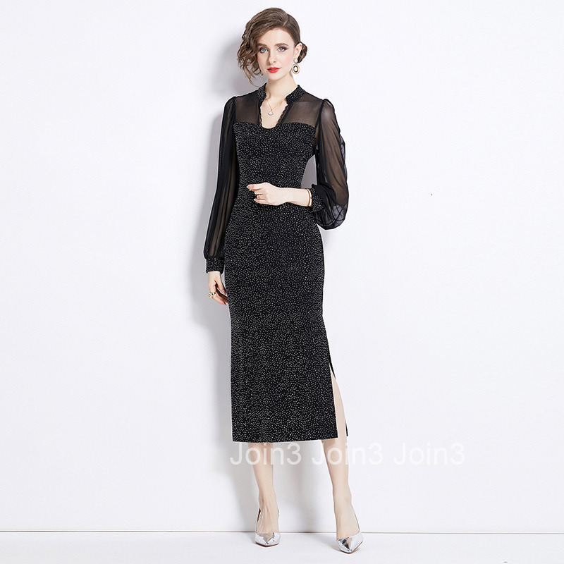 8723 Spring and Autumn New Womens Fashionable Rhinestone Patchwork Mesh Black Long Dress