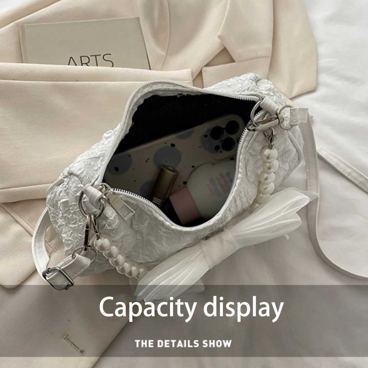 White folds pop bow bag Female Pearl handle New fashion pearl armpit shoulder crossbody bag 1 outfit Y250719