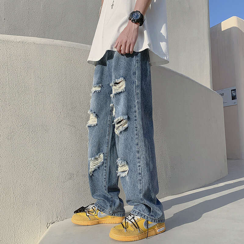 Ripped Jeans for Men Summer Ins High Street Loose Fit Distressed Wide Leg Unique Design Niche Trendy Brand Straight Pants