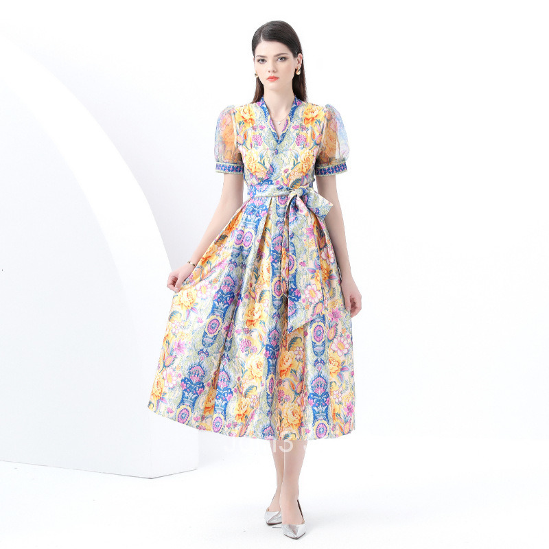 6023 Early Spring New Womens Vacation Wrap Tie V-neck Lantern Sleeve Long Dress Printed Dress
