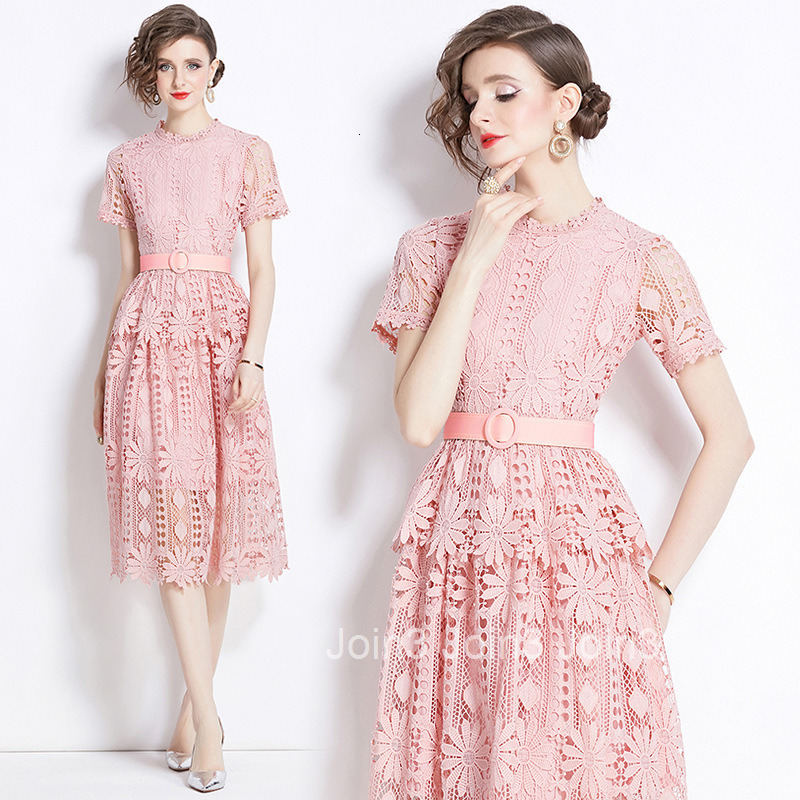 529 Summer New Womens Clothing Style Fashionable and Skinny Hollow out Water soluble Lace Short Sleeve Medium length Dress
