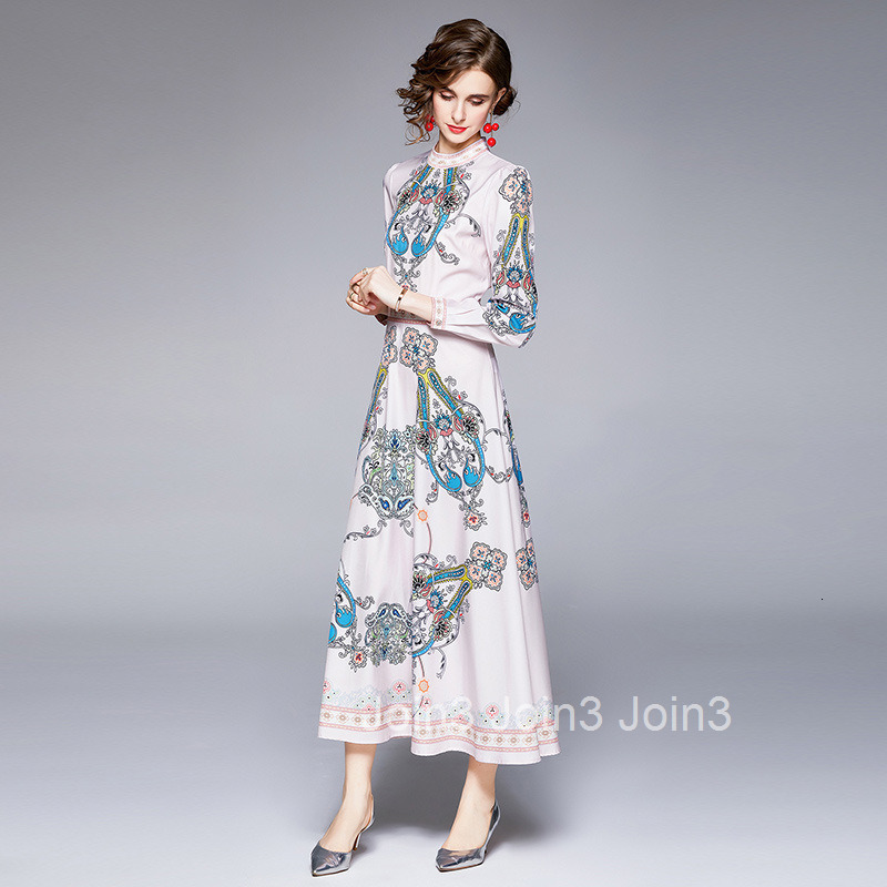 1007 New Womens Blended Positioning Printed Round Neck Long Sleeve Waist Tight Dress