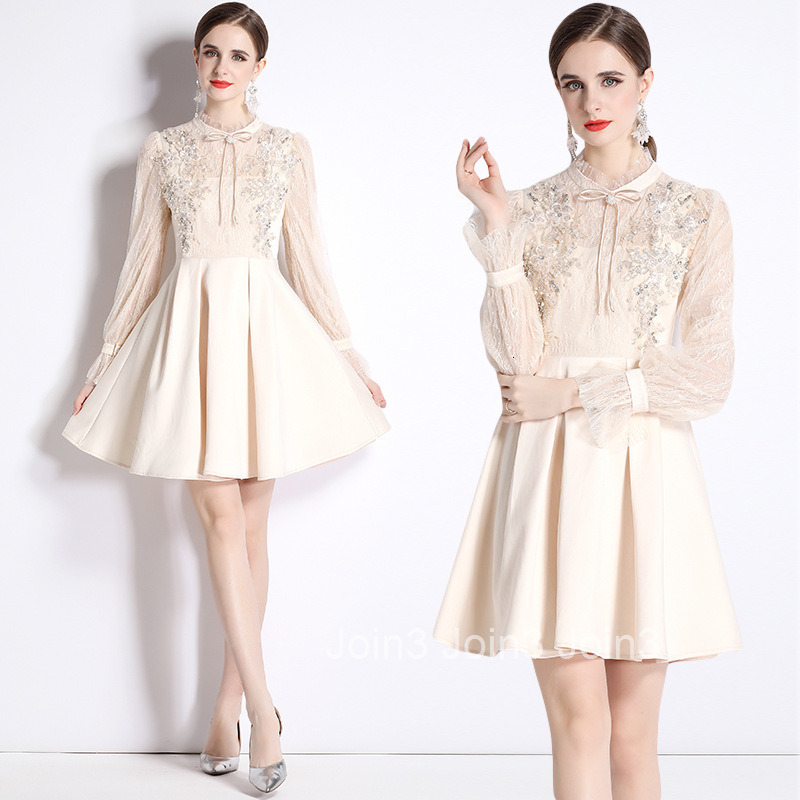 989 Spring and Autumn New Womens Fashion Elegant Beaded High Waist Slimming Mesh Long Sleeve Patchwork A-line Dress