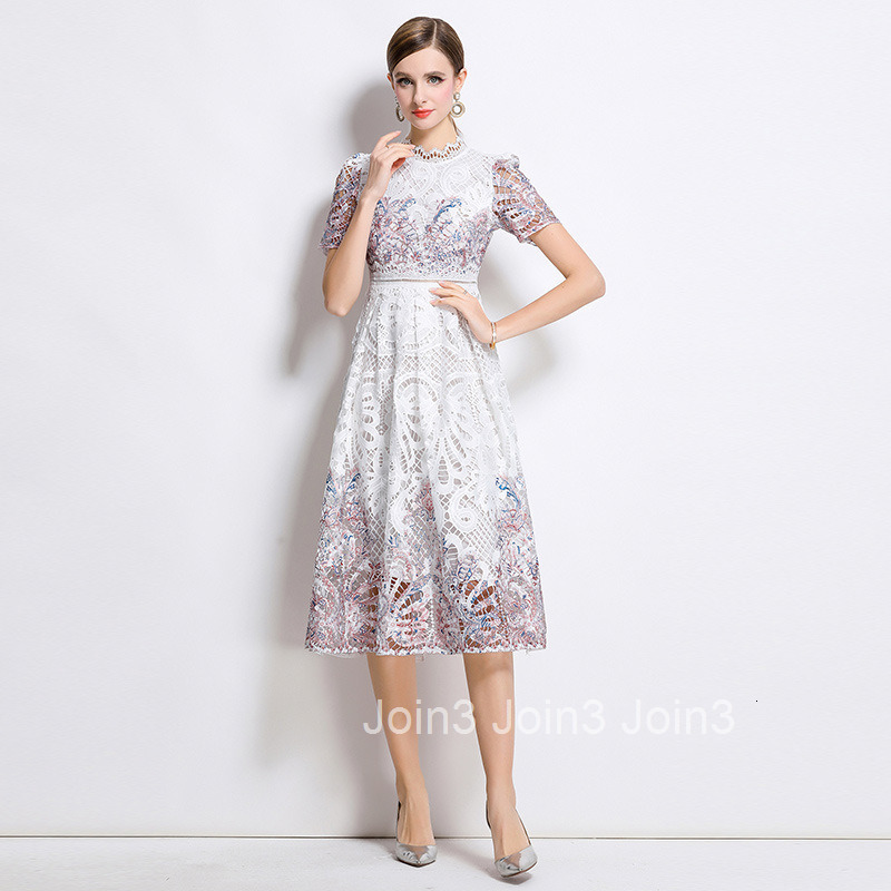 706 Fashion Slimming Hollow Water-Soluble Lace Positioning Printed Mid-Length Dress