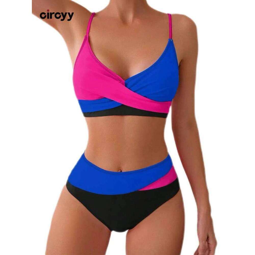 Circyy Women Contrast Color Split Swimsuit Halter Cross Biquinis High Waisted Two-pieces Bathing Suit Summer 2025 New