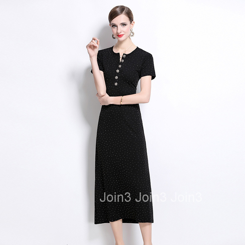 8806 New Fashion Round Neck Rose Button Waist Slim Fit Rhinestone Dress
