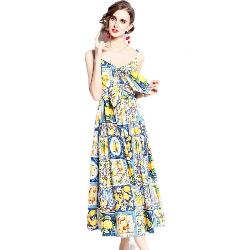 8905 Summer New Womens Lemon Blue and White Porcelain Print Bow Waist Slimming Strap Dress