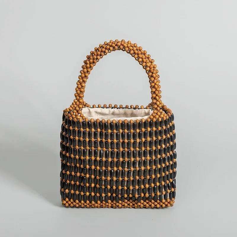 Boho Style Wooden Bead For Women Summer New Handmade Woven Bag Niche Design Portable Casual Tote Bags Bolsas Para Mujeres