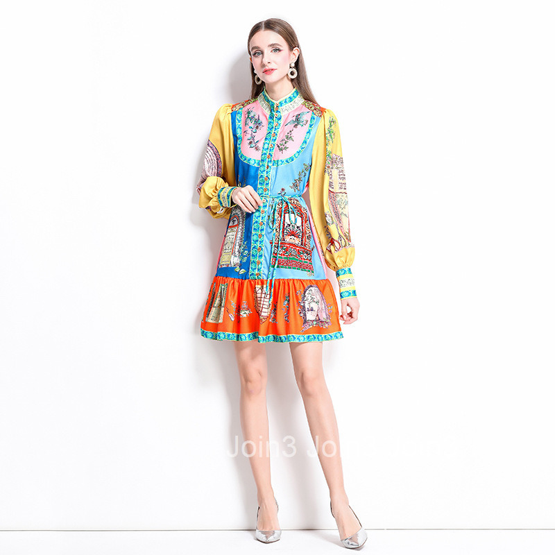 1244 Spring New Printed Lantern Sleeve Ruffle Dress