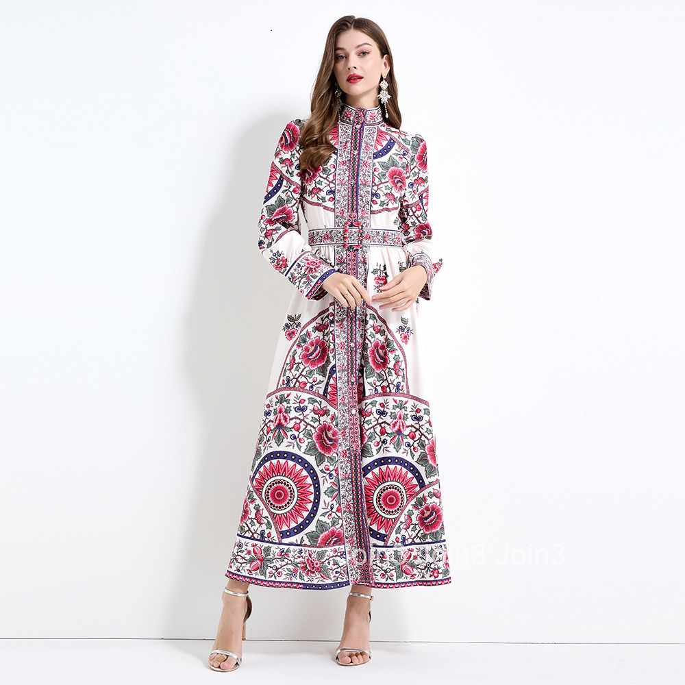 2158 Sensation Stand up Collar Lantern Sleeve Positioned Printed Long Sleeve Waist Ruffle Edge Skirt