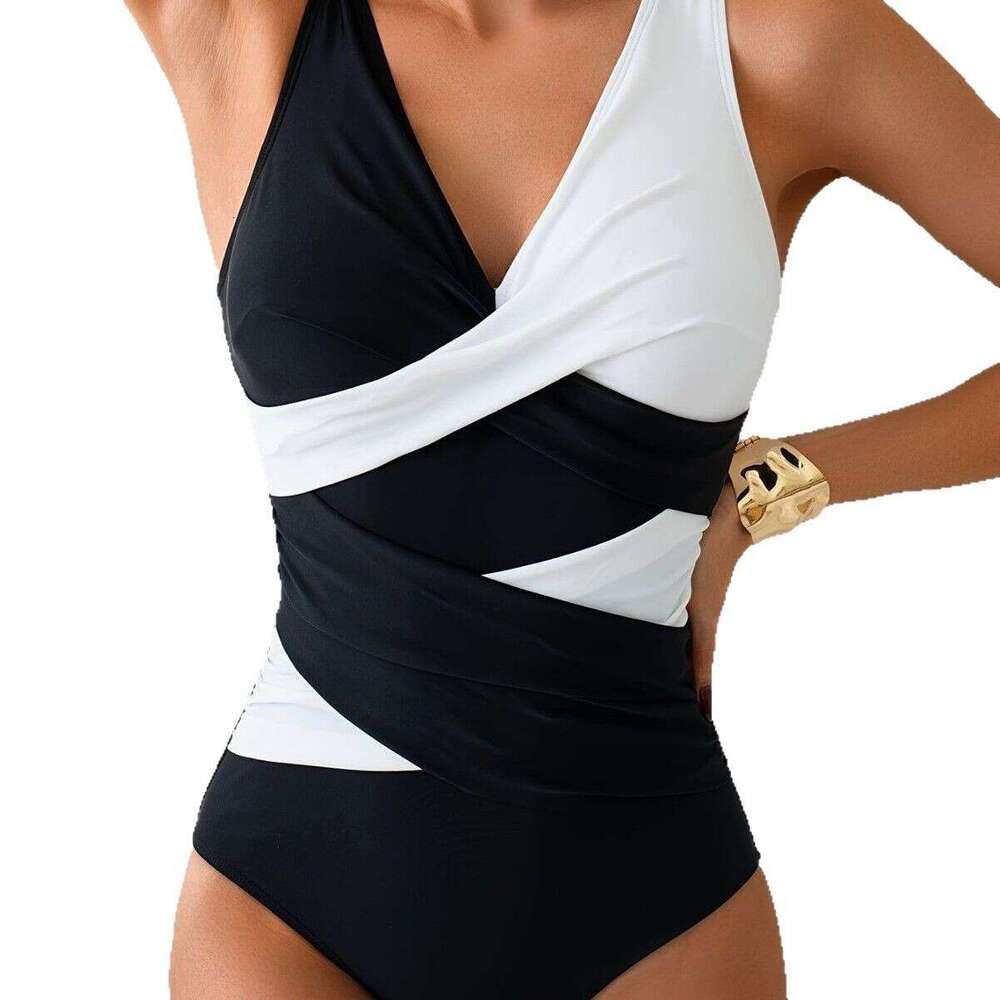 2025 New for Women Color Block Cross Tie One-Piece Bikini Swimsuit