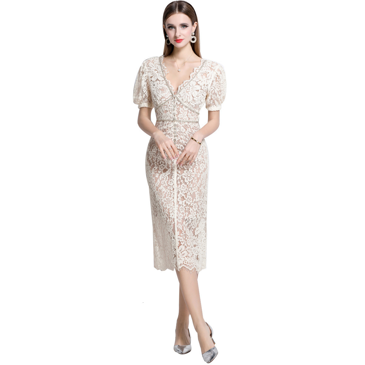 9625 Elegant Collar Short Sleeve Lace Waist Slim Dress with Camisole