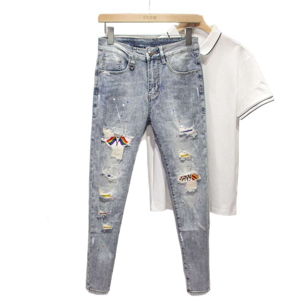 Ripped Jeans for Men Spring 2025 Light Color Slim Fit Stretch Cropped Pants Youth Trendy Ins Paint Splatter 9/10 Length Skinny