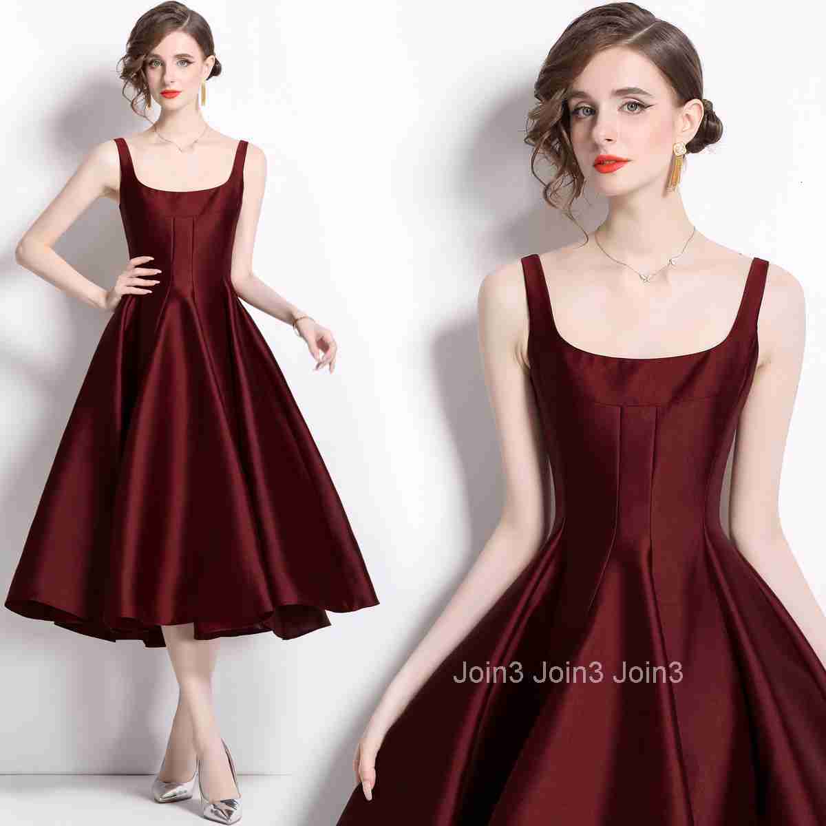 882 Summer New Womens Fashion Elegant Waist-Cinching Slimming Maroon Dress Strap Flared Long Dress