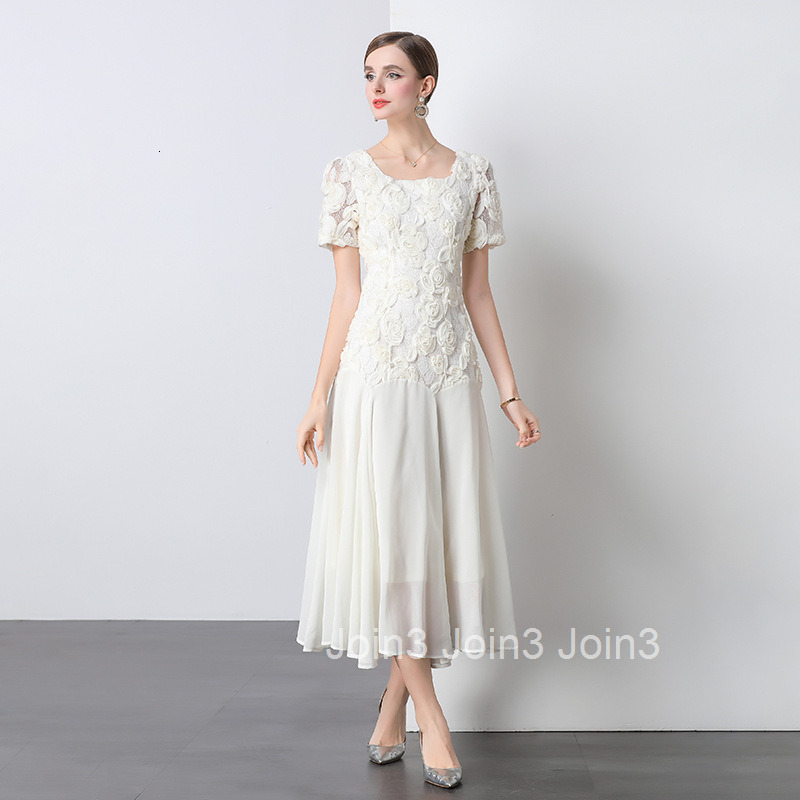 7153 European Heavy Lace 3D Flower Square Neck Dress for Women Summer New Fashionable Bodycon Mesh Long Dress
