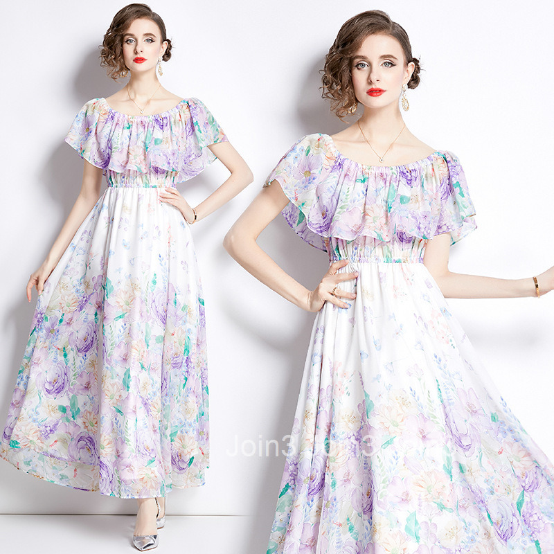 2499 Spring Summer Womens Ruffled Off-Shoulder Waist-Cinching Flared Long Dress Beach Dress Slit Chiffon Dress