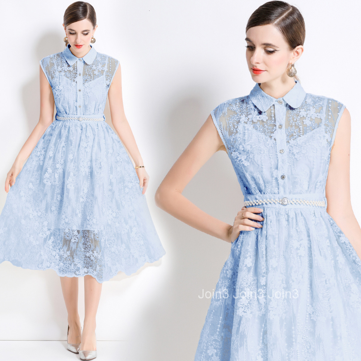 5875 Elegant Mesh Embroidered Long Dress Slim Waist Inner Strap Dress