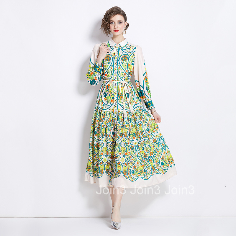 1210 Spring and Autumn New Cotton Linen Turn-Down Collar Lantern Sleeve Printed Long Dress