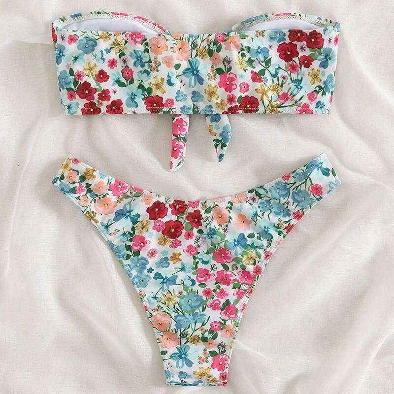 Floral Print Bandeau Bikini Set Off Shoulder Push Up Swimsuit Women Tube Top Bikinis Knot Swimwear 2024 Sexy Summer Bathing Suit