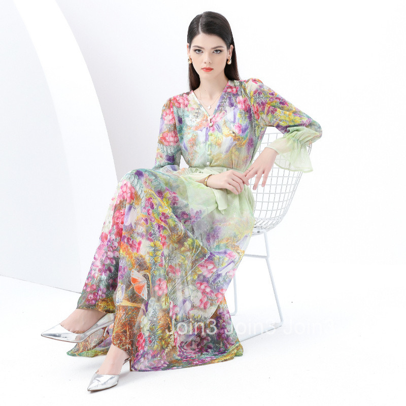 6079 Early Spring New Womens Fashion Elegant V-neck Lantern Sleeve Long Dress Printed Dress Three-piece Set