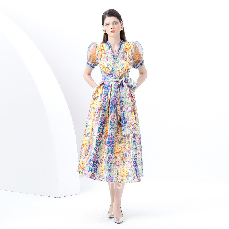 6023 Early Spring New Womens Vacation Wrap Tie V-neck Lantern Sleeve Long Dress Printed Dress