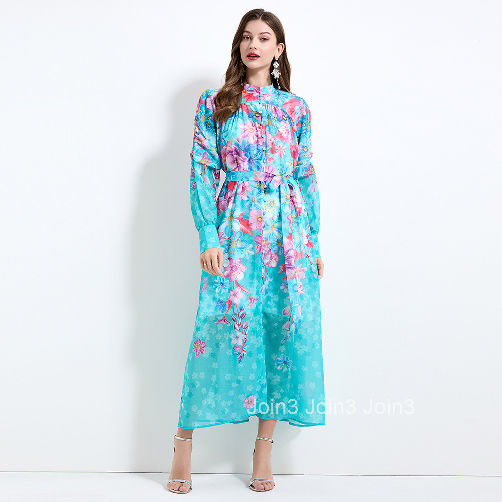 2157 Spring New Womens Fashion Elegant Vacation Style Stand Collar Chiffon Printed Waist-Cinching Long Dress - Two-Piece Set