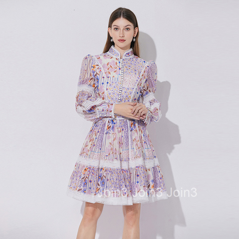 5155 French Elegant Lace Patchwork Printed Waist-Cinching Lantern Sleeve Dress