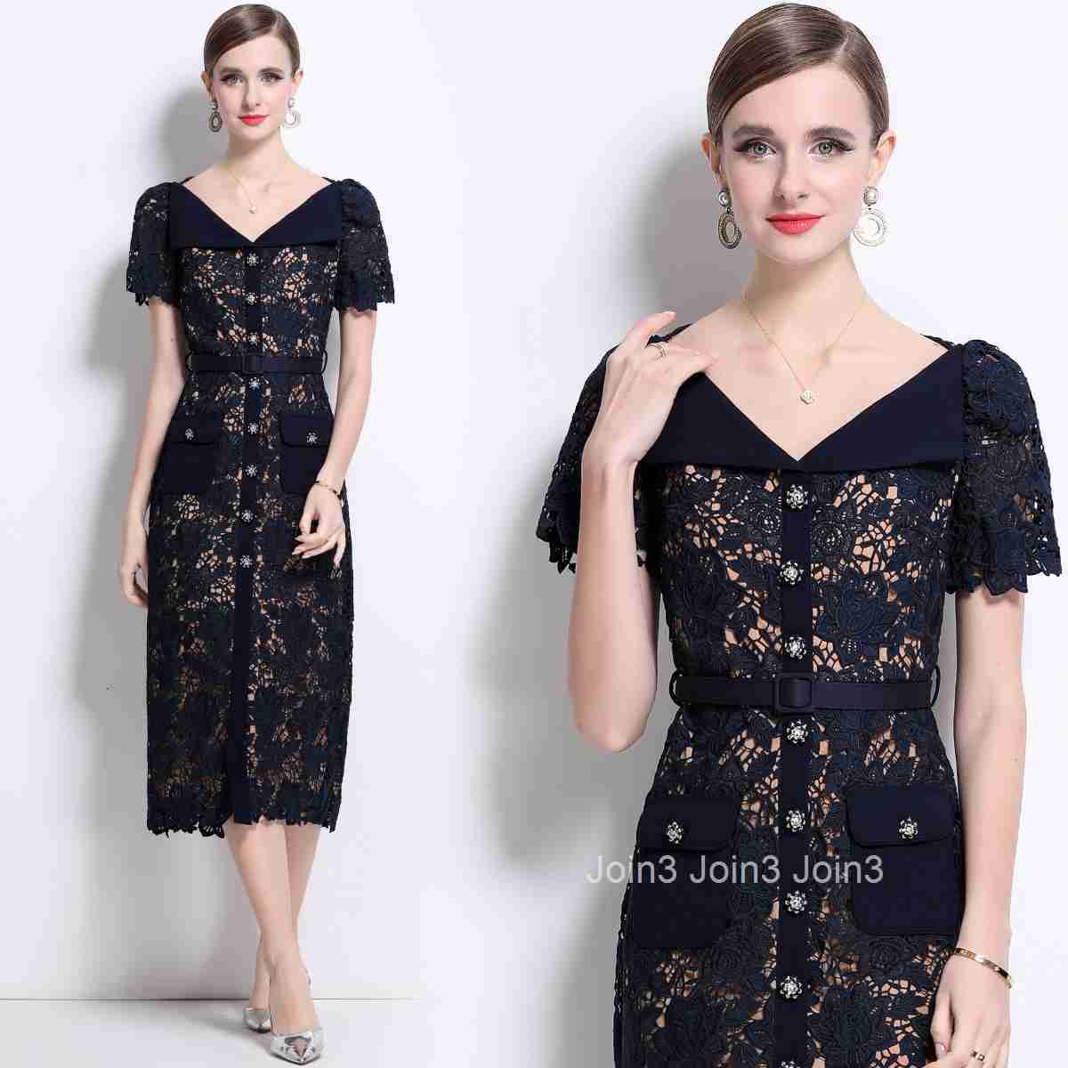 1695 Fairy Dress Three-Dimensional Jacquard Hollow Water-Soluble Lace Waist-Cinching Mid-Length Dress with Belt