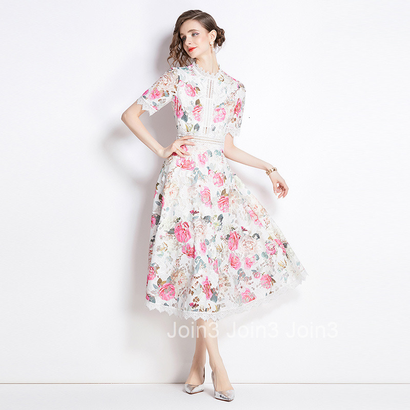 6949 Summer New Womens Elegant Lace Splicing Printed Waist Collection Dress