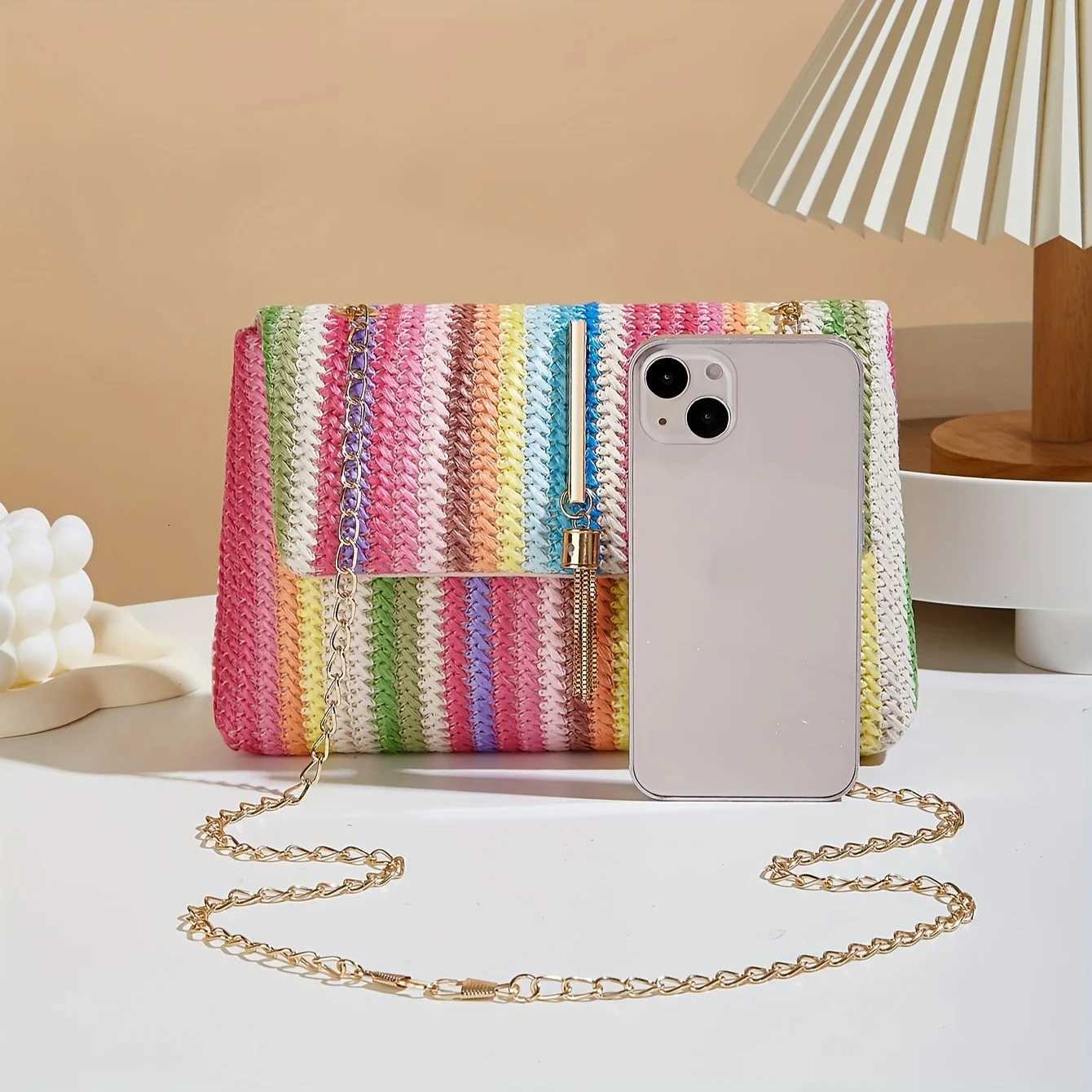 Chic Rainbow Stripe Straw Crossbody Bag for Women Adjustable Shoulder Strap Magnetic Closure Tassel Accent Fashion Square Purse Y250719